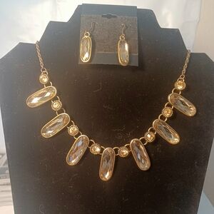 Vintage Boho-Tribal Necklace & Earrings Set Goldtone With Amber & Clear Crystals